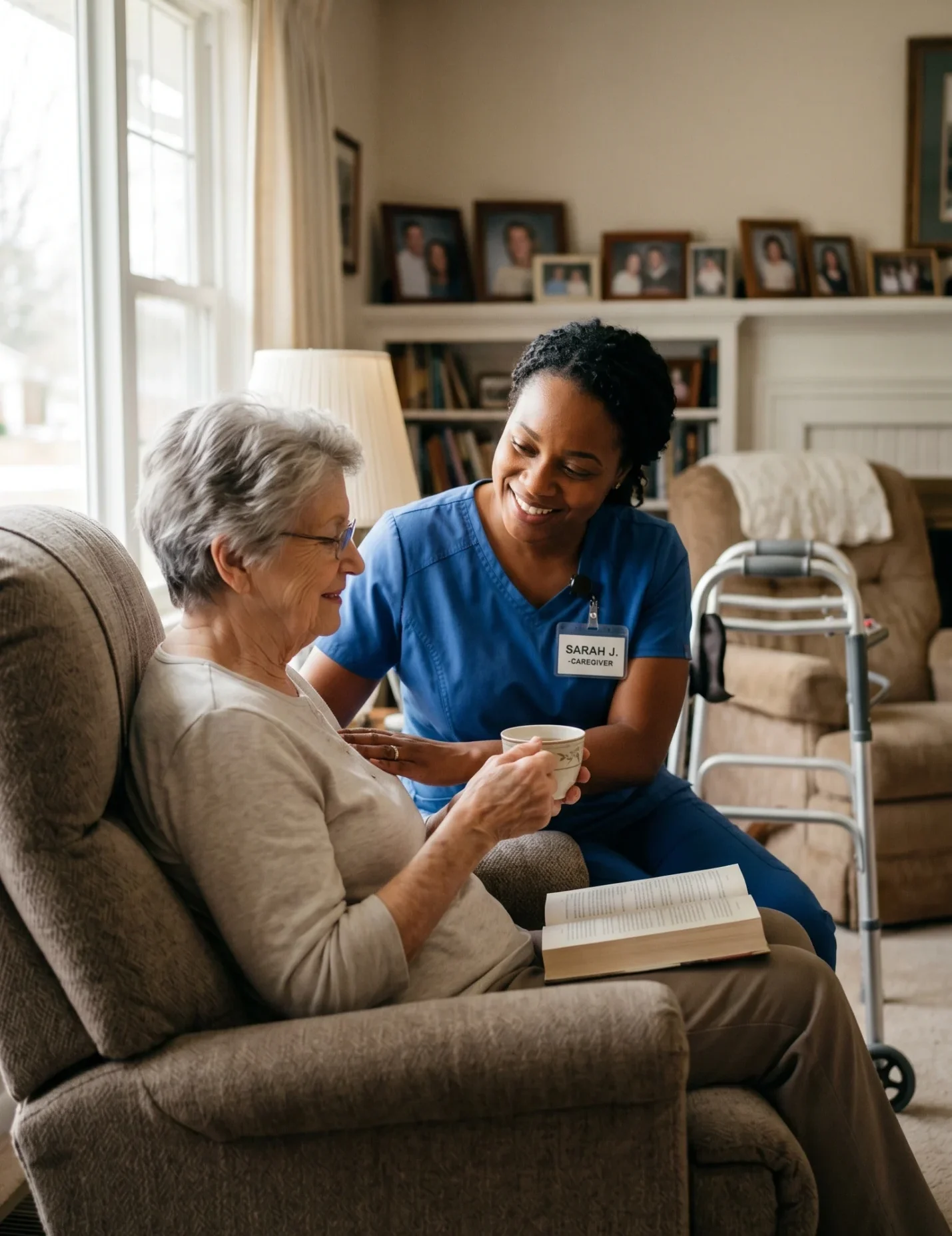 A professional home care caregiver in blue scrubs smiling warmly while assisting an elderly woman in a sunlit living room.
