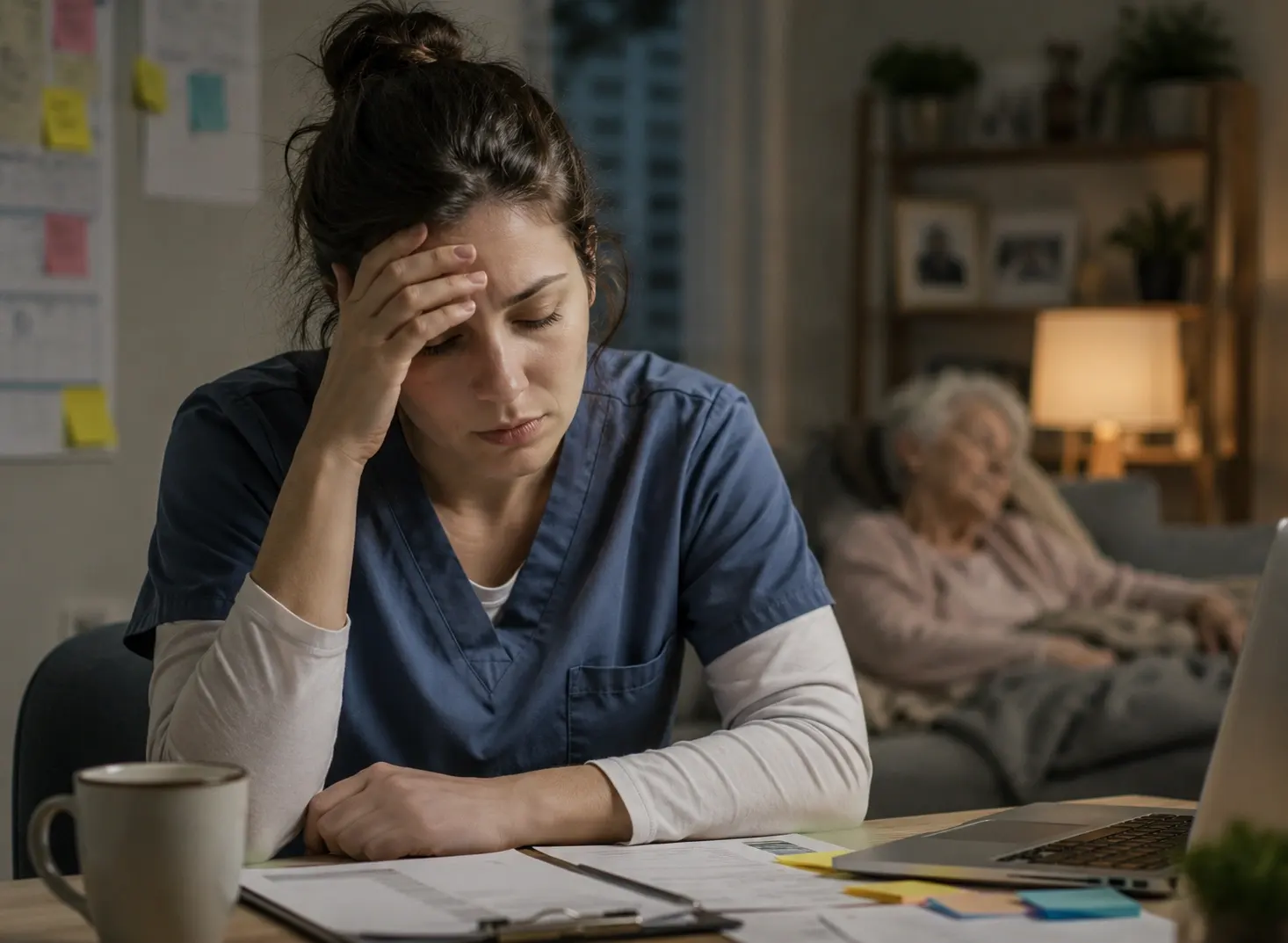 An exhausted family caregiver experiencing burnout and mental overload